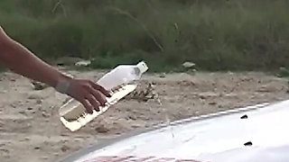 Gipsy Skinny Brunette with Small Cute Tits Cleans My Car Wearing a Bikini and Gets Naked