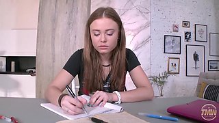Slutty schoolgirl is about to have casual sex with her tutor, because she likes his cock