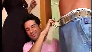 Submissive male boyfriend serving his gf and lover