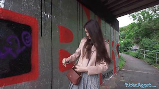 College art student with natural tits gives a stranger's huge cock a hand in exchange for cash