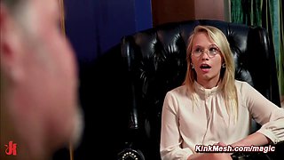 Blond hair babe business woman in FFM BDSM sex