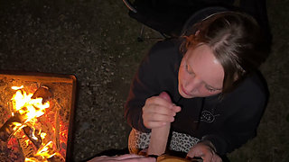 Wife caught masturbating in public restroom, then fucked by the campfire