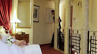 Intense double banging for a horny redhead bride in lingerie