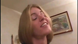 Young a-cup blonde lowers her shaved pussy onto white dude's large cock