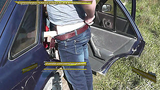 Sex in backseat car Taxi driver stopped on side road sexy blonde MILF jerk off cock. Man fuck pussy doggystyle cum