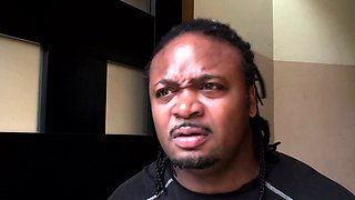 Tiny Japanese girl gags on big black cock outdoors
