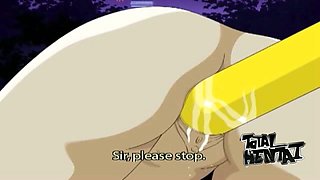 Huge yellow baseball bat is used by pervert for petting hentai chick's twat