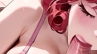 Bedroom Redhead Rose-curly Beauty Pink Lace Black Stockings Heels Seduction Blowjob to Passionate Sex with Massive Creamy Finish