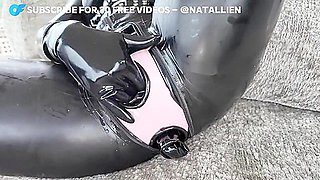Latex Catsuit Condoms Stretching All Holes Dildo