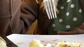 Teasing people with my nipples in a sheer blouse in a restaurant having dinner
