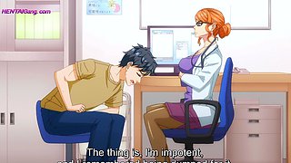 Busty MILF doctor helps shy boy give his first cum sample