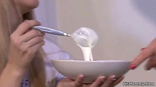Blonde girl seduces mature to fuck with vibro