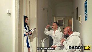 Daddy4k. dark haired nurse cheating in doctor's office with daddy