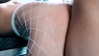 Cum on her face after sensual morning sex in the kitchen -