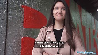 Watch this cute college teen with natural tits study a huge dick in public and get a cumshot in her mouth
