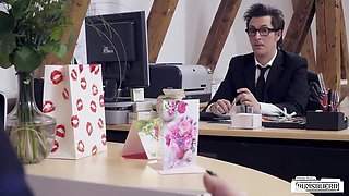 Big-breasted German secretary, Conny Dachs, receives a hard office fuck and cum on tits for Valentine's Day.