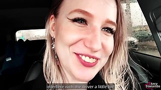 Presenters Pussy Creampied in Car Public Prank