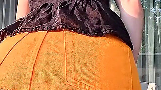 Hot Long Legs Sexy Beauty on the Balcony Flashes Her Panties Under Her Skirt Then Takes Underwear off to Show Tight Pussy