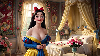 Snow White Passionate Night in Enchanted Castle Bedroom with Classic Dress Partially Open for Intense Pleasure