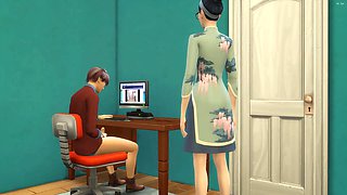 Asian step-mother catches her sonnie again fingering in his room watching a xxx video in front of the computer and she decided to help him by having sex with him
