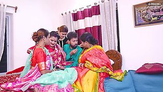 Desi Indian Thirki Husband Fucks His All Four Wives at the Same Time and Cumshot on Face. Hindi Audio