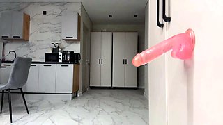 Gorgeous Blonde Strips and Teases with Wall Mounted Dildo