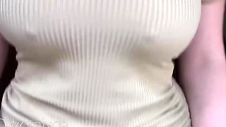 Busty curly brunette with big boobs fucks on couch
