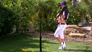 Busty brunette, Jenna Presley is having casual sex with her baseball teacher and sucking his cock