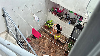 My Neighbor From the House Below Bathes Outside and Was Discovered by Me.