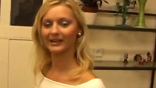 Stunning Blonde Whore with Perfect Tits and Ass Gives Camera Man a Blowjob