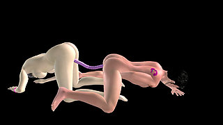 Animated 3D Porn - Beautiful Girl and Asian Man Double Dildo Doggy While Man Stroking