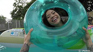 Playful pool girl Vina Sky gives BJ and fucks doggy mad at the backyard