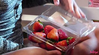Two grown up stepsisters are eating strawberry and licking each others pussies