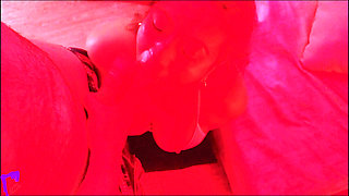 Horny Latina MILF in Red Light Spits on Cock, Sucks Balls, Gives Handjob and Facial Cumshot