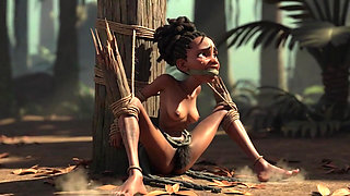 African Girl Bound in Rope Bondage - Hairy Wet Pussy Craving for Cock