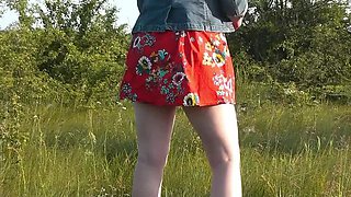 Beautiful Russian teen Assol naked outdoors doggystyle under skirt public pussy