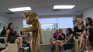 Strippers at the office party blown by the sexy corporate babes