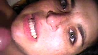 Cute brunette milf blows a long rod and takes a hot facial