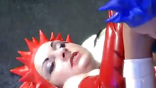 Slutty lesbian slave in latex stockings and high heels