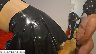 Slave Gets Fucked Anal by Latex Mistress with Big and Long Dildo and Eats His Own Cum