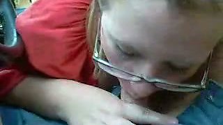 Nerdy blonde fattie enjoys sucking my weiner in a car