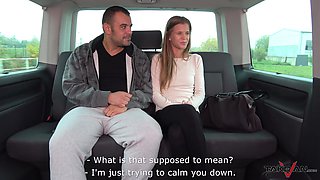 Skinny blonde babe Sarah fucked in a car and gets a huge cum shot