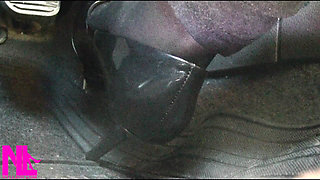 Revving and Driving in Black Pantyhose and Grey High Heels